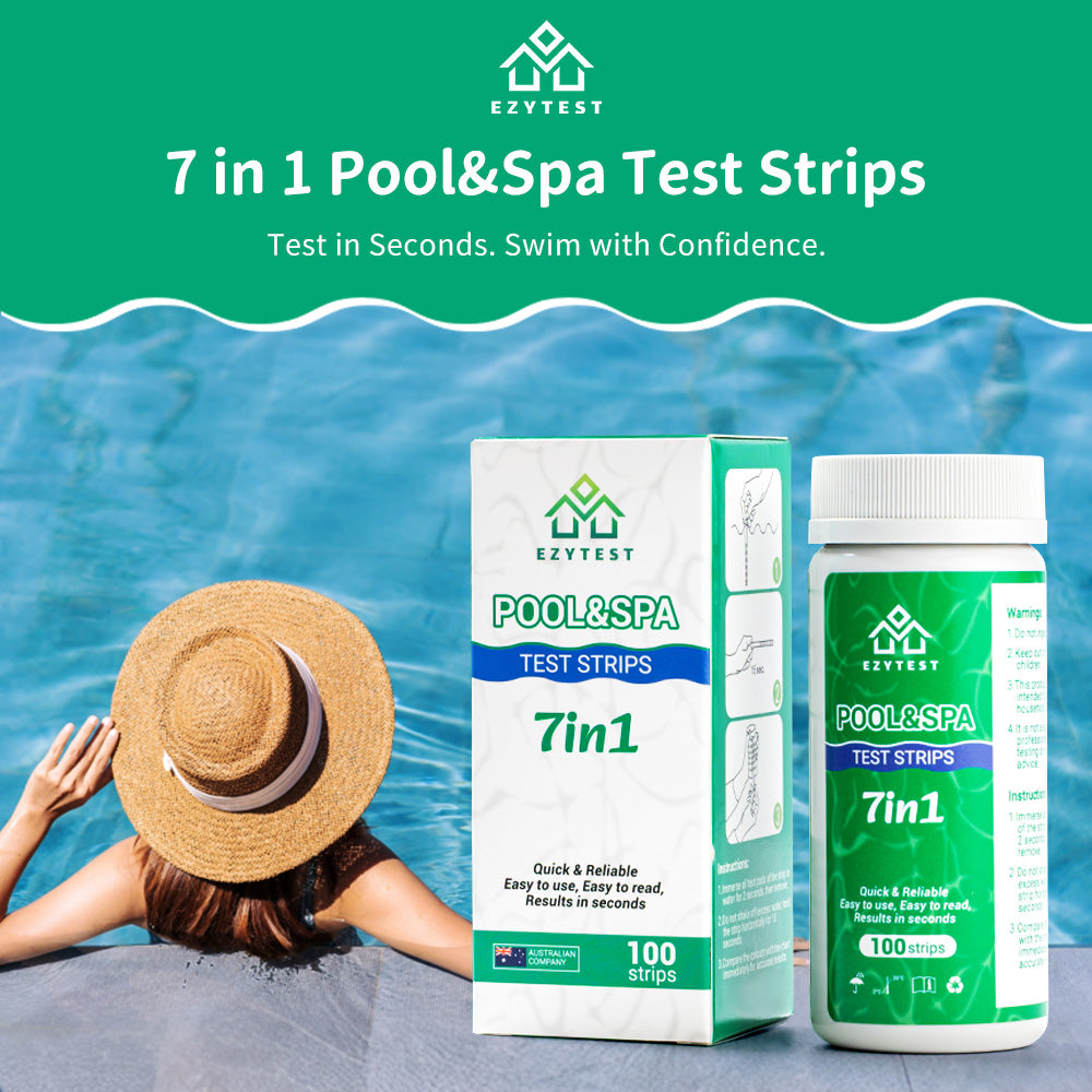 EzyTest Pool & Spa Test Strips 7-in-1 (100 Strips) — Fast, Easy Water Testing in Seconds
