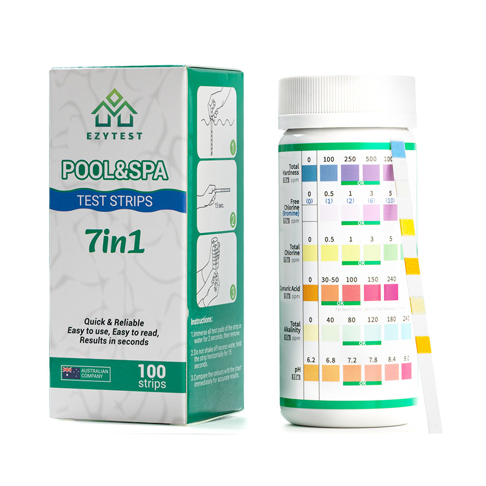 EzyTest Pool & Spa Test Strips 7-in-1 (100 Strips) — Fast, Easy Water Testing in Seconds